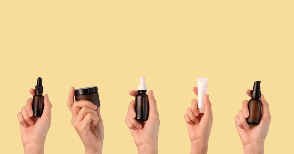 an image showing hands holding different beauty products for an article that talks about beauty balance, when is too much, well, too much