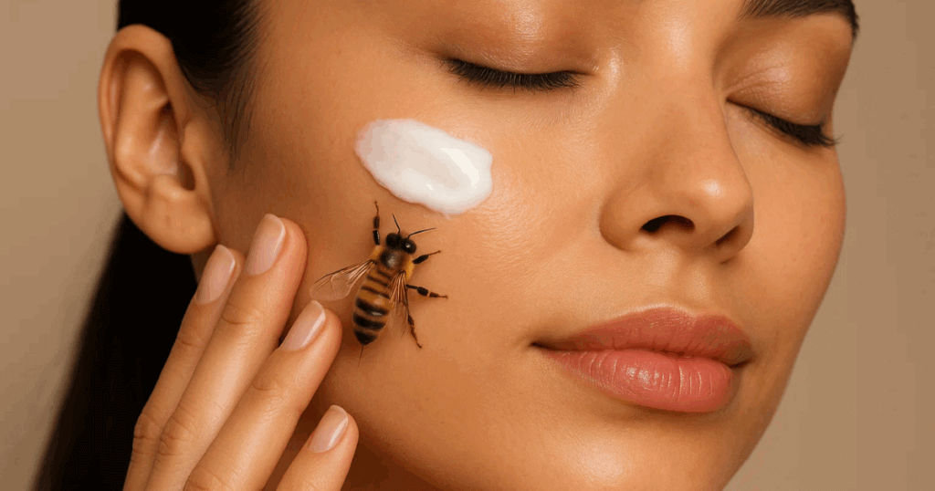 An image of a woman with a bee on her face for an article about the power of bee venom therapy