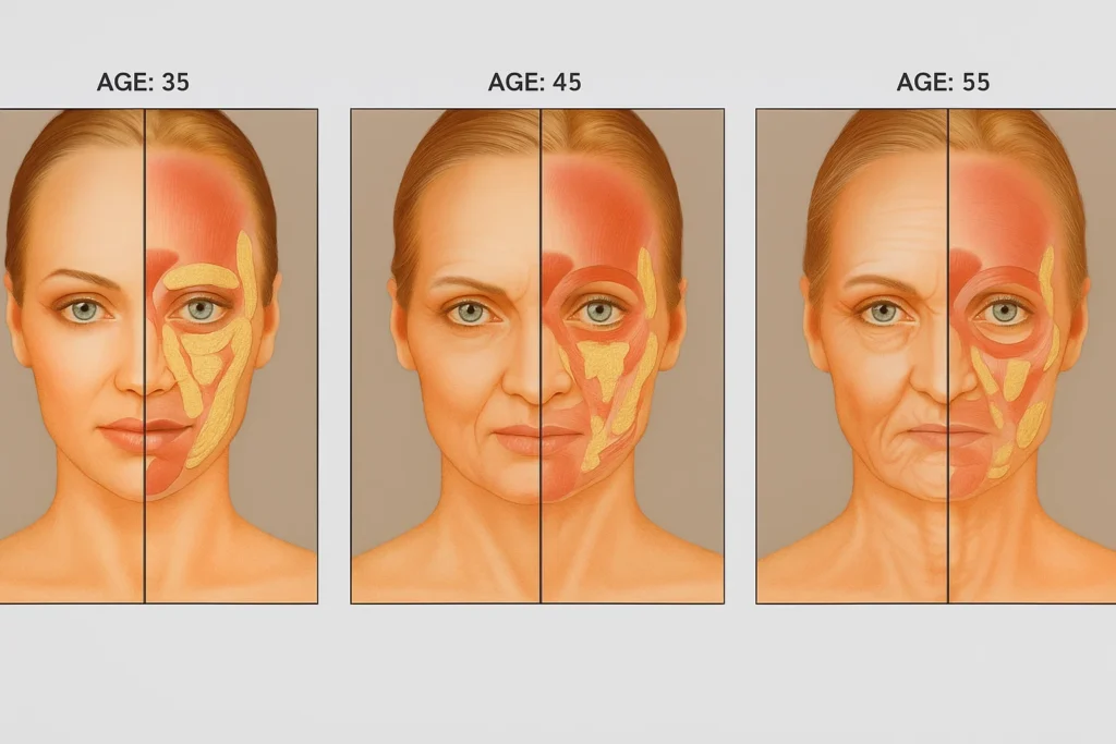 Why face taping may not work. The image shows how we lose collagen as we age, which cannot be replaced by taping your face