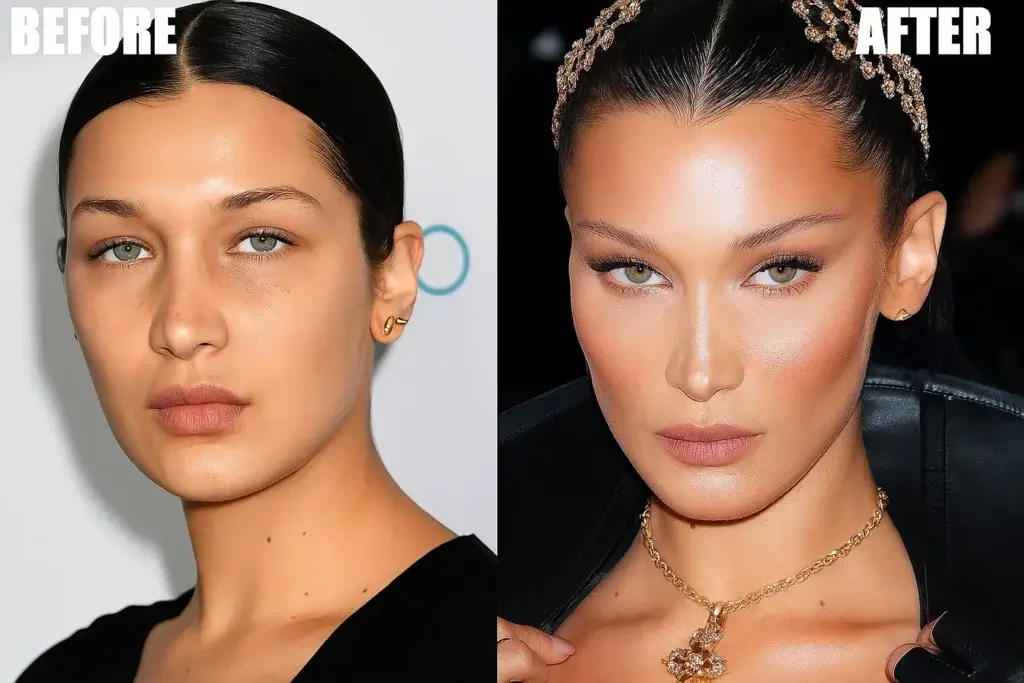 an image of Bella Hadid before and after allegedly having Fox Eye work done.