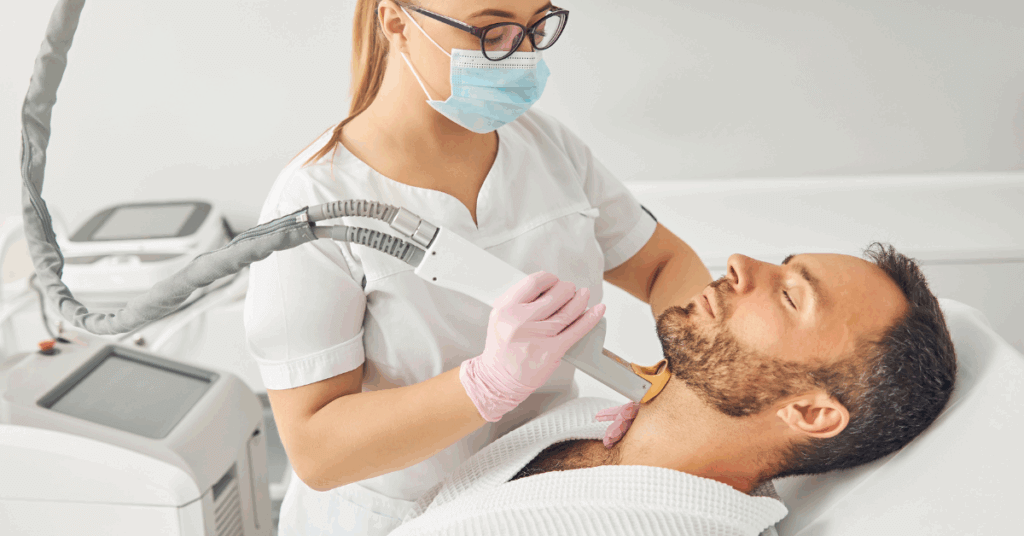 image of a woman performing a laser beard removal for an aesthetic treatment men