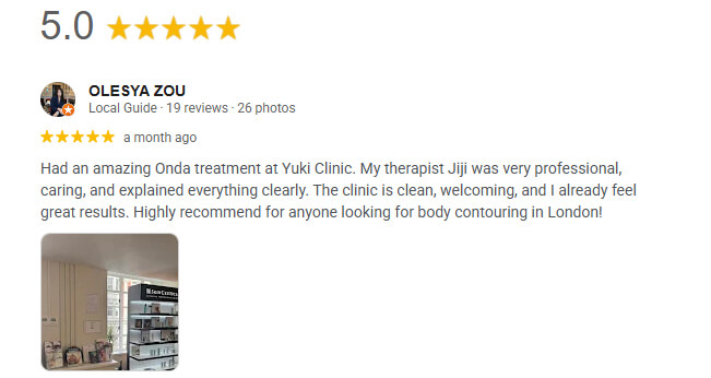 patient review on the Onda Coolwaves treatment she booked at Yuki Clinic in London