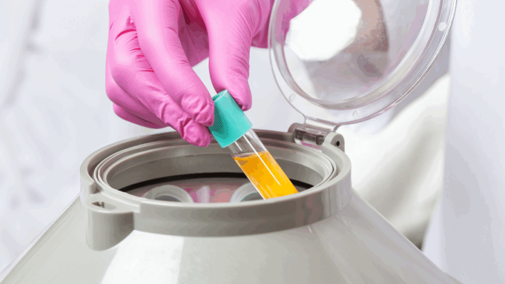 An image of a healthcare professional removing a vile of blood containing PRP from a centrifuge