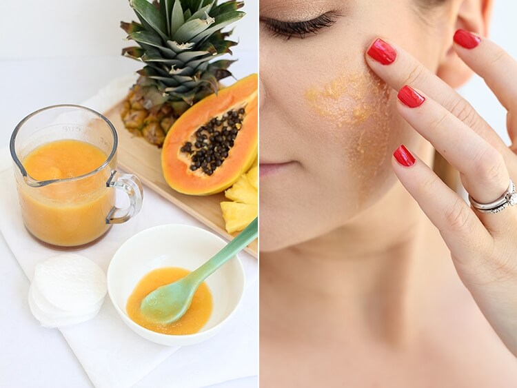 an image of a woman applying at home (DIY) Papaya Glow Mask for exfoliation