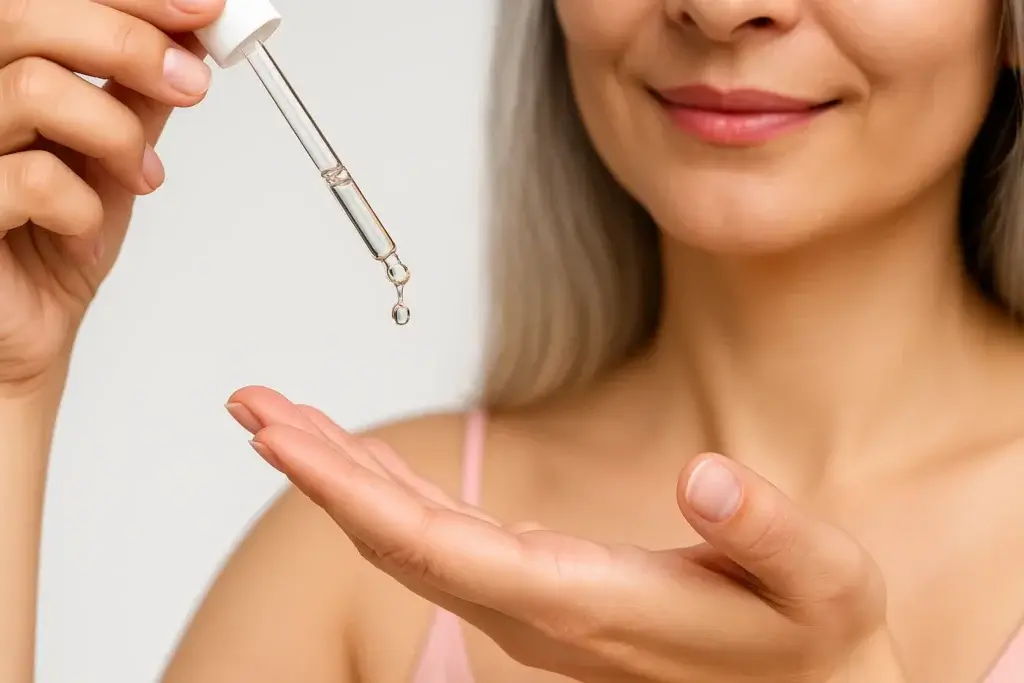 An image of a woman using a dropper to apply plant-based retinol to her bioactive beauty skincare regime