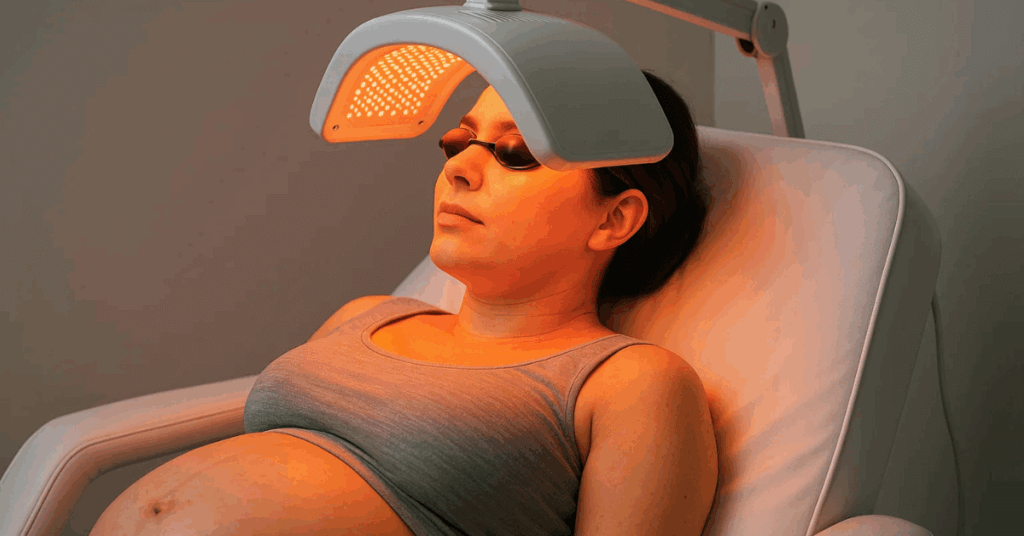 An image of a pregnant woman getting low-level LED therapy