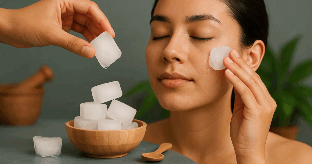 An iamge of a lady using a Rice Water Ice Facial to help improve her skin