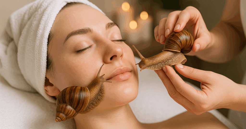 Snail facials are super popular right now. this image shows a lady getting a snail facial done.