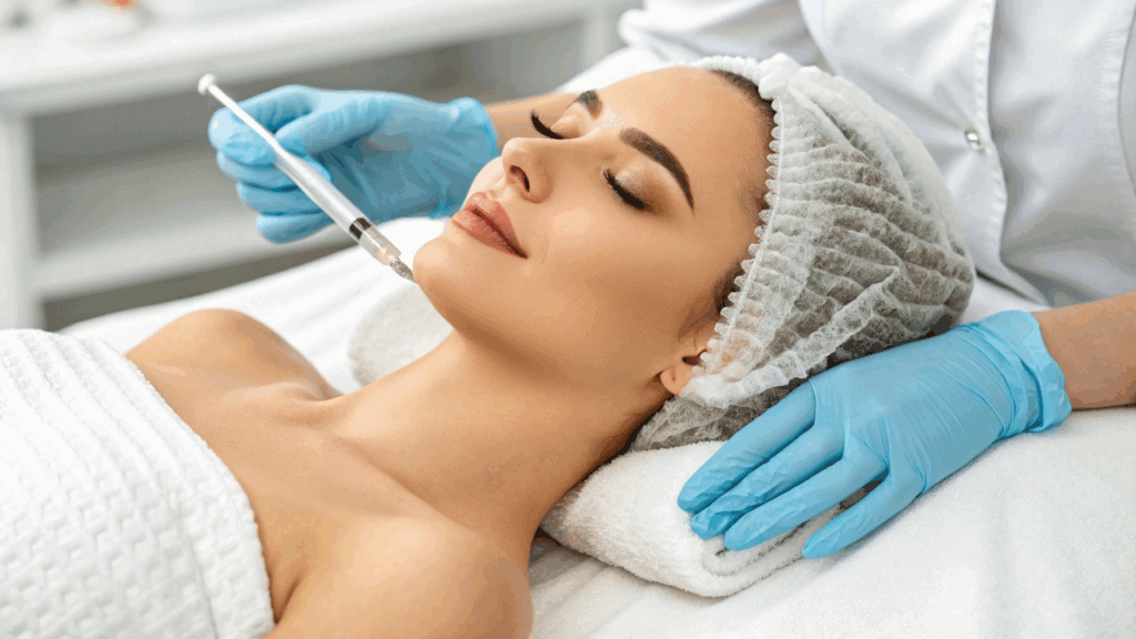 A woman receiving a facial treatment for fat grafting, lying on a treatment bed with a professional attending to her.