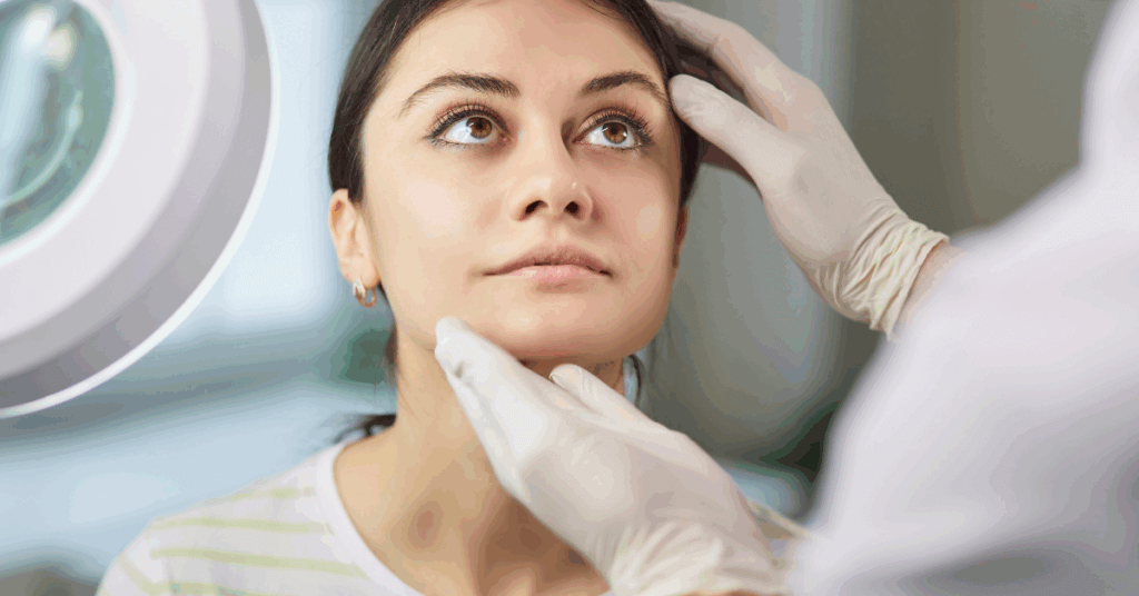 Image of a woman undergoing a skin consultation, having her skin analysed by an aesthetician.