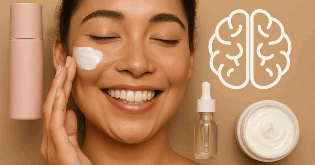 An image depicting a woman using neurocosmetics in her beauty regime