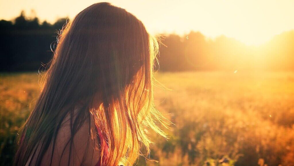 image of sunset on a field with a ladys hair from behind